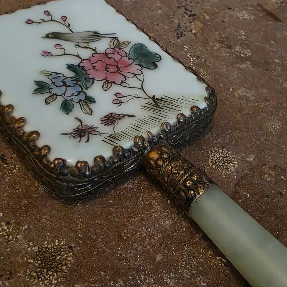 Vintage Chinese Hand Mirror Porcelain Bird Floral Jade Handle Ornate Metal Frame